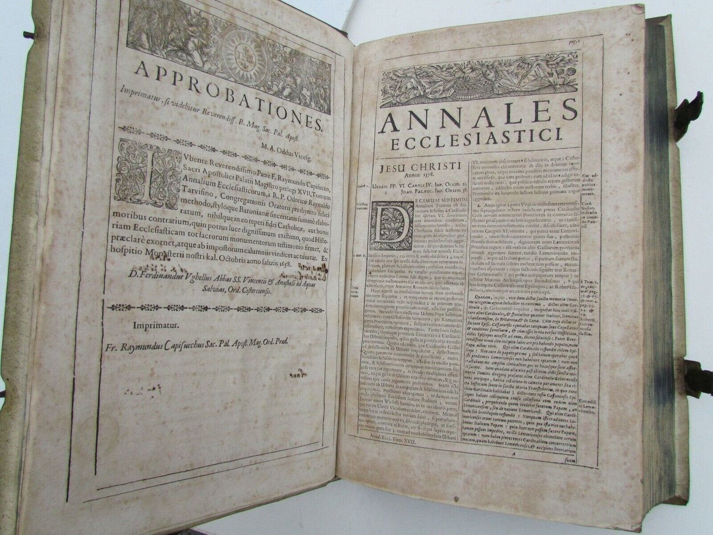 1693 BLIND-STAMPED PIGSKIN OVER WOODEN BOARDS FOLIO ANNALES ECCLESIASTICI