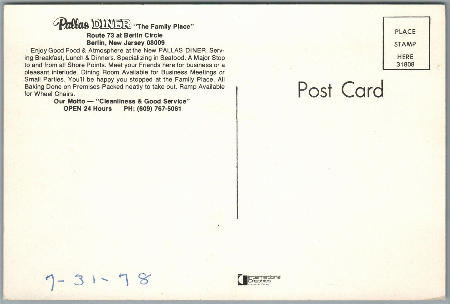 BERLIN NJ PALLACE DINER VINTAGE POSTCARD