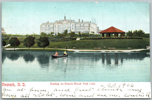 NEWARK NJ BOATING ON BRANCH BROOK PARK LAKE 1906 UNDIVIDED ANTIQUE POSTCARD