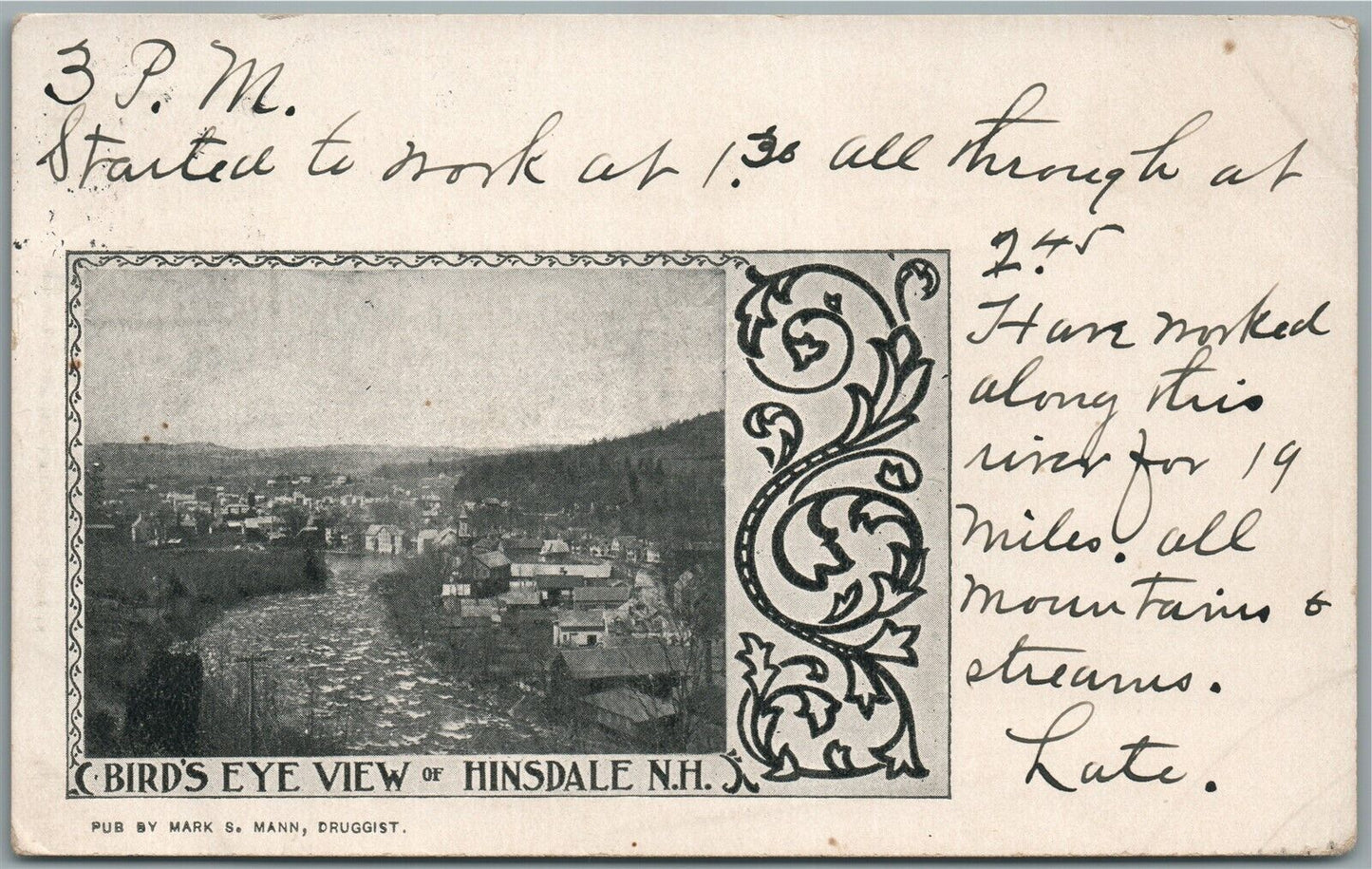 HINSDALE NH BIRDS EYE VIEW ANTIQUE POSTCARD