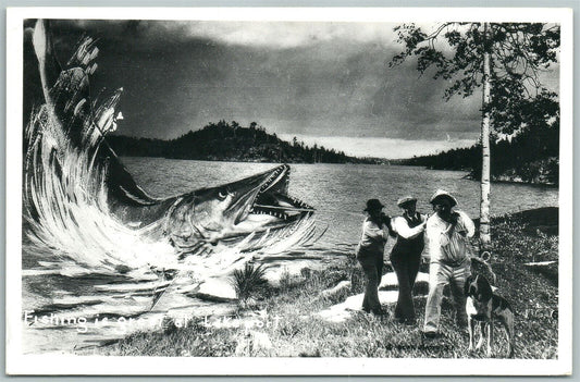 LAKEPORT CA EXAGGERATED FISHING VINTAGE REAL PHOTO POSTCARD RPPC