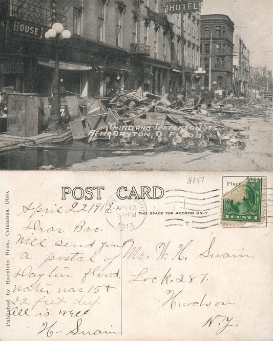 DAYTON OH FLOOD THIRD & JEFFERSON STREET 1913 ANTIQUE POSTCARD