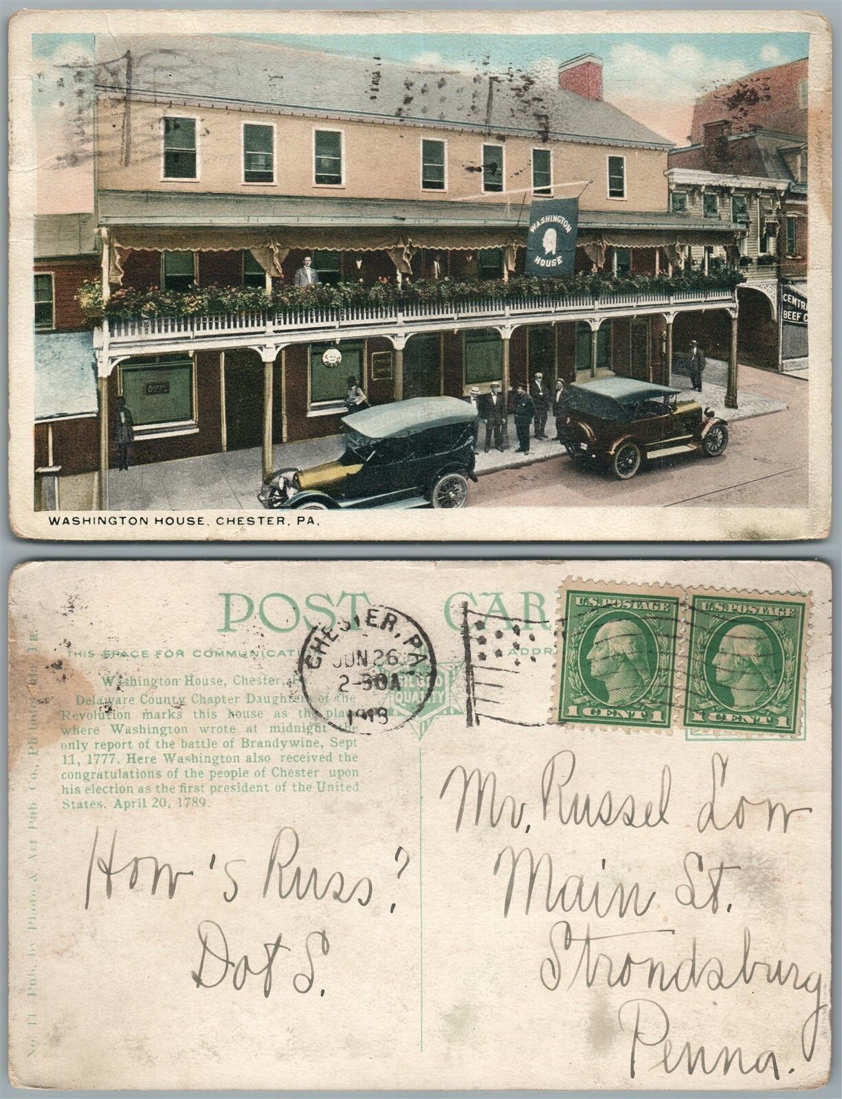 CHESTER PA WASHINGTON HOUSE 1919 ANTIQUE POSTCARD