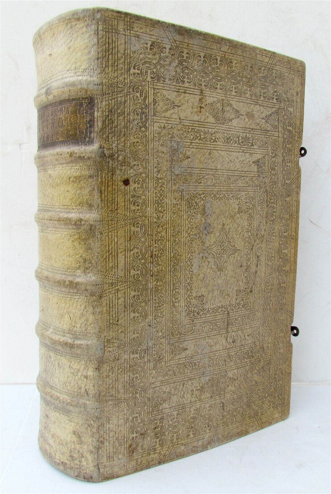 1737 LATIN GERMAN BIBLE AMAZING PIGSKIN BINDING MASSIVE FOLIO antique BIBLIA