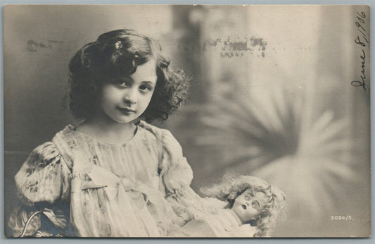 LITTLE GIRL w/ LARGE DOLL ANTIQUE REAL PHOTO POSTCARD RPPC