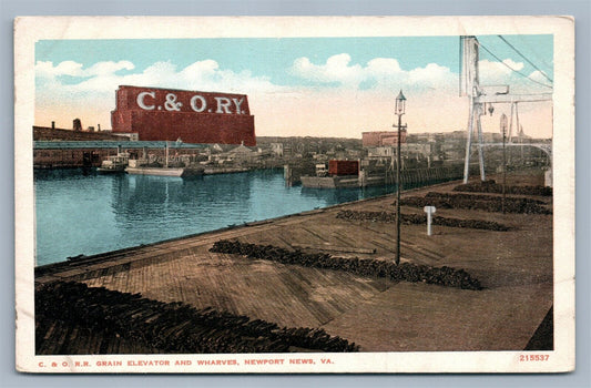 NEWPORT NEWS VA RAILROAD GRAIN ELEVATOR & WHARVES ANTIQUE POSTCARD