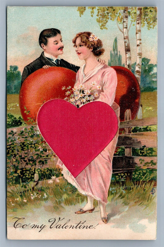 TO MY VALENTINE ANTIQUE POSTCARD COUPLE w/ SILK HEART