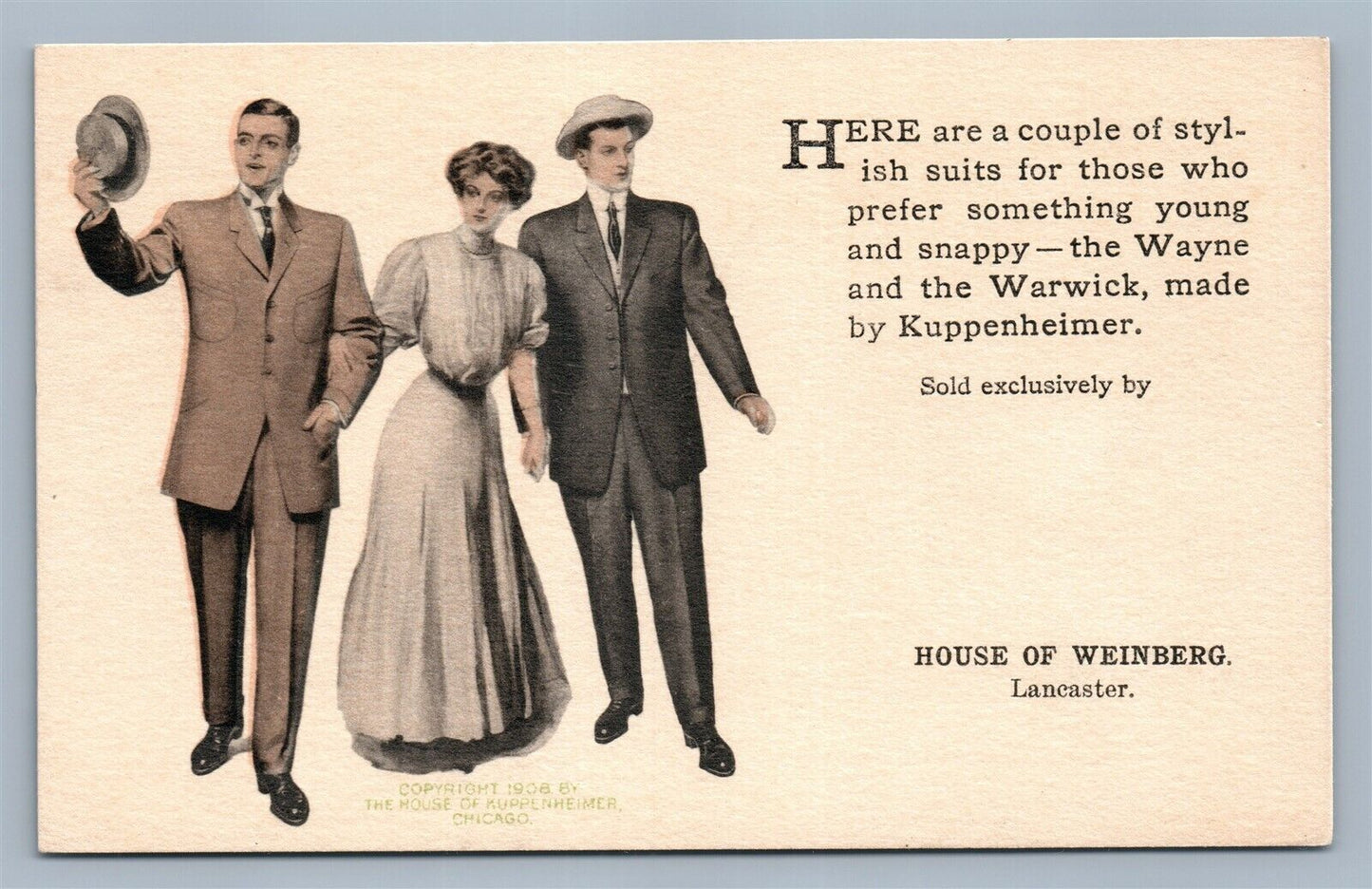 LANCASTER PA MENS FASHION ADVERTISING ANTIQUE POSTCARD KUPPENHEIMER CHICAGO 1908