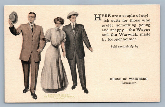 LANCASTER PA MENS FASHION ADVERTISING ANTIQUE POSTCARD KUPPENHEIMER CHICAGO 1908