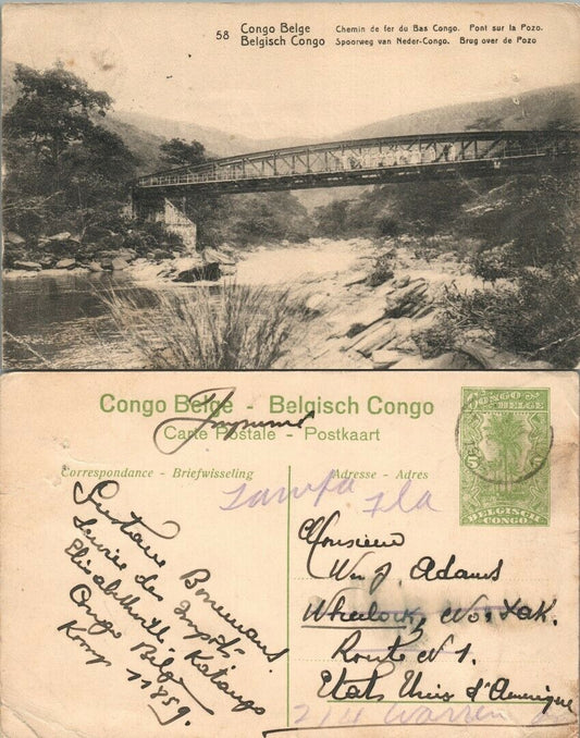 BELGIAN CONGO M'POZO RIVER BRIDGE ANTIQUE POSTCARD w/ STAMP