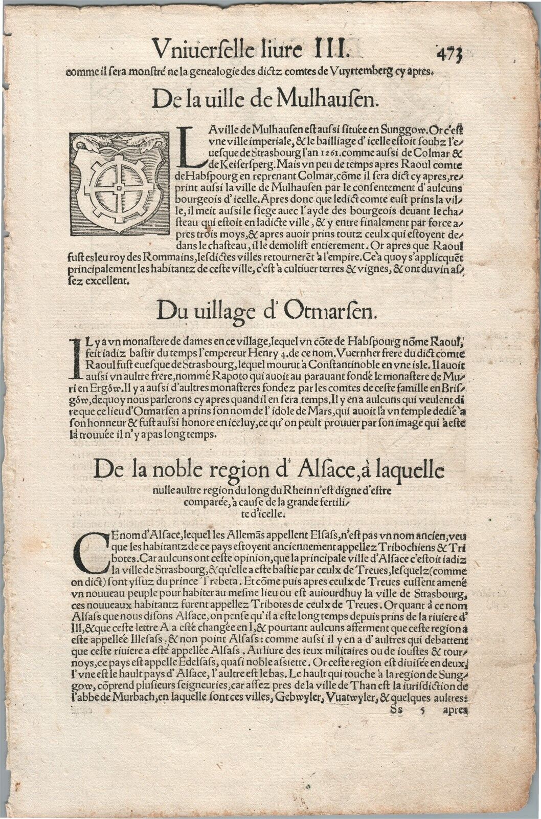 1575 FRANCE MAP LEAF from BELLEFOREST EDITION of MUNSTER COSMOGRAPHY