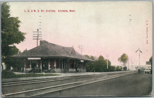 STURGIS MI RAILROAD RAILWAY DEPOT STATION ANTIQUE POSTCARD