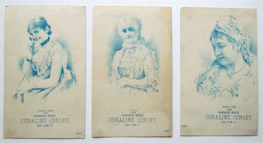 CAROLINE CORSET ADVERTISING lot OF 3 ANTIQUE VICTORIAN TRADE CARDS