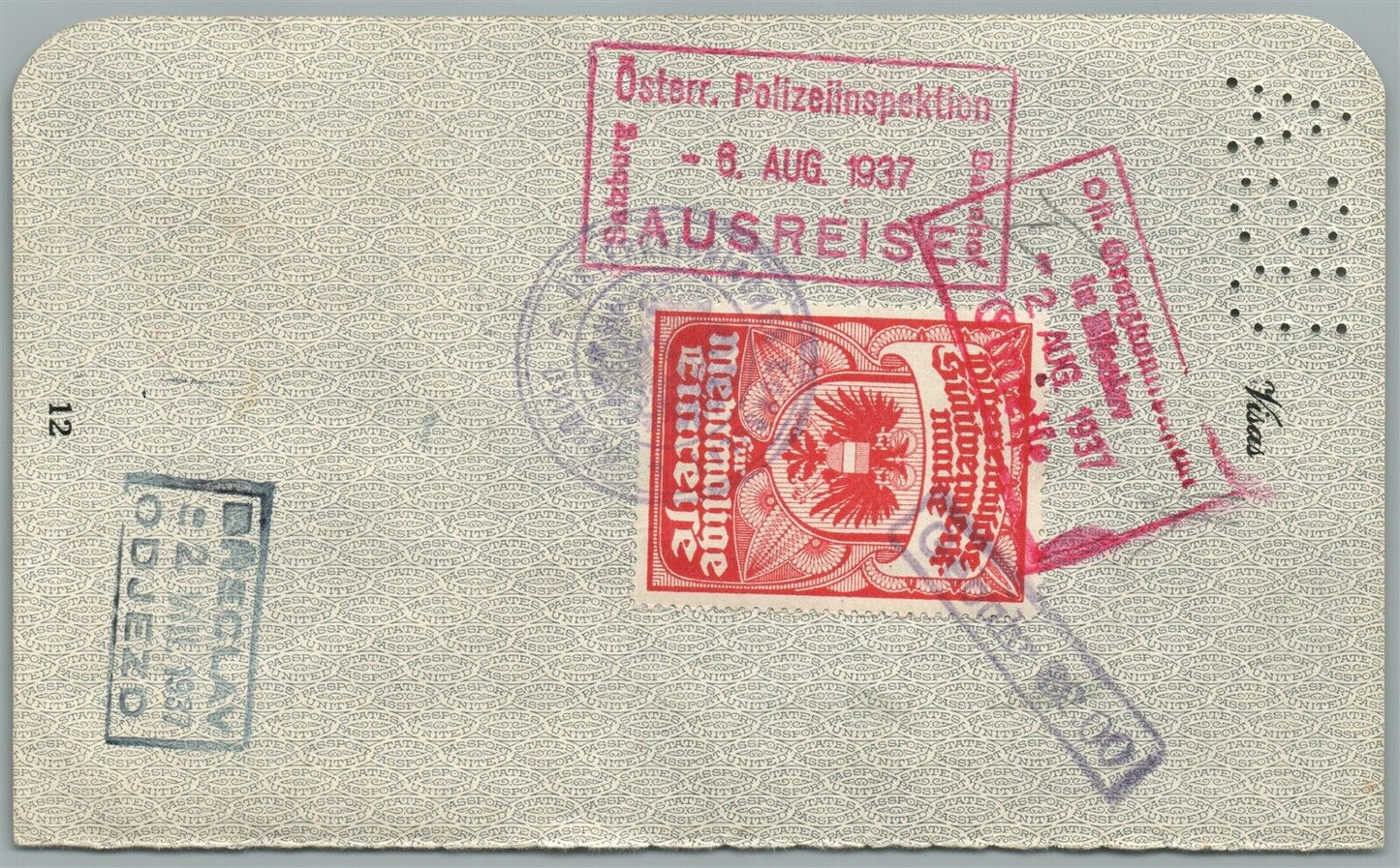 PASSPORT PAGE w/ OFFICIAL STAMPS AUSTRIA CONSULATE of FRANCE in USA VINTAGE 1937