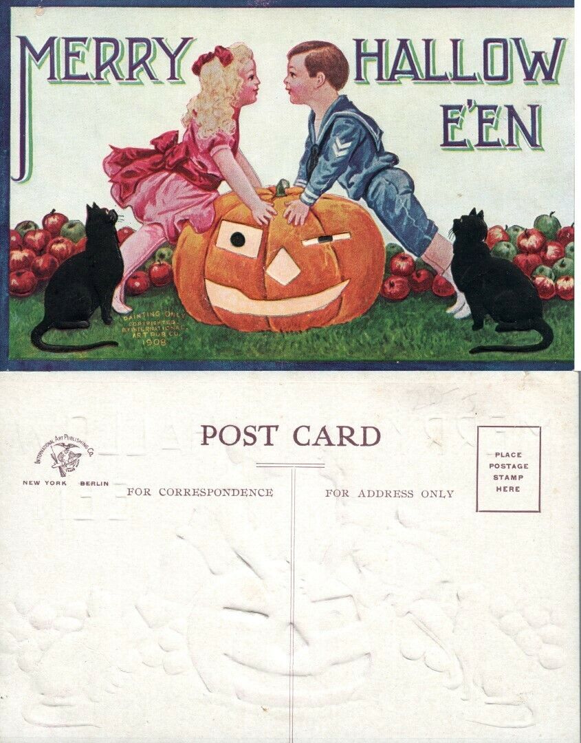 ANTIQUE UNUSED HALLOWEEN POSTCARD - KIDS w/ JACK-O-LANTERN