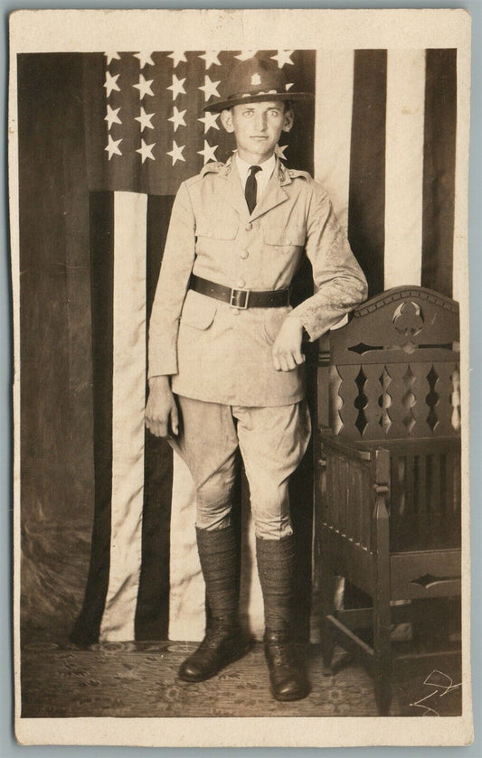 ARMY OFFICER w/ AMERICAN FLAG ANTIQUE REAL PHOTO POSTCARD RPPC