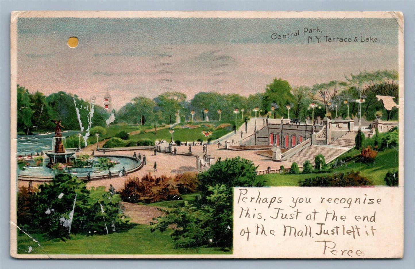 NEW YORK NY CENTRAL PARK HOLD TO LIGHT ANTIQUE POSTCARD HTL by J.KOEHLER