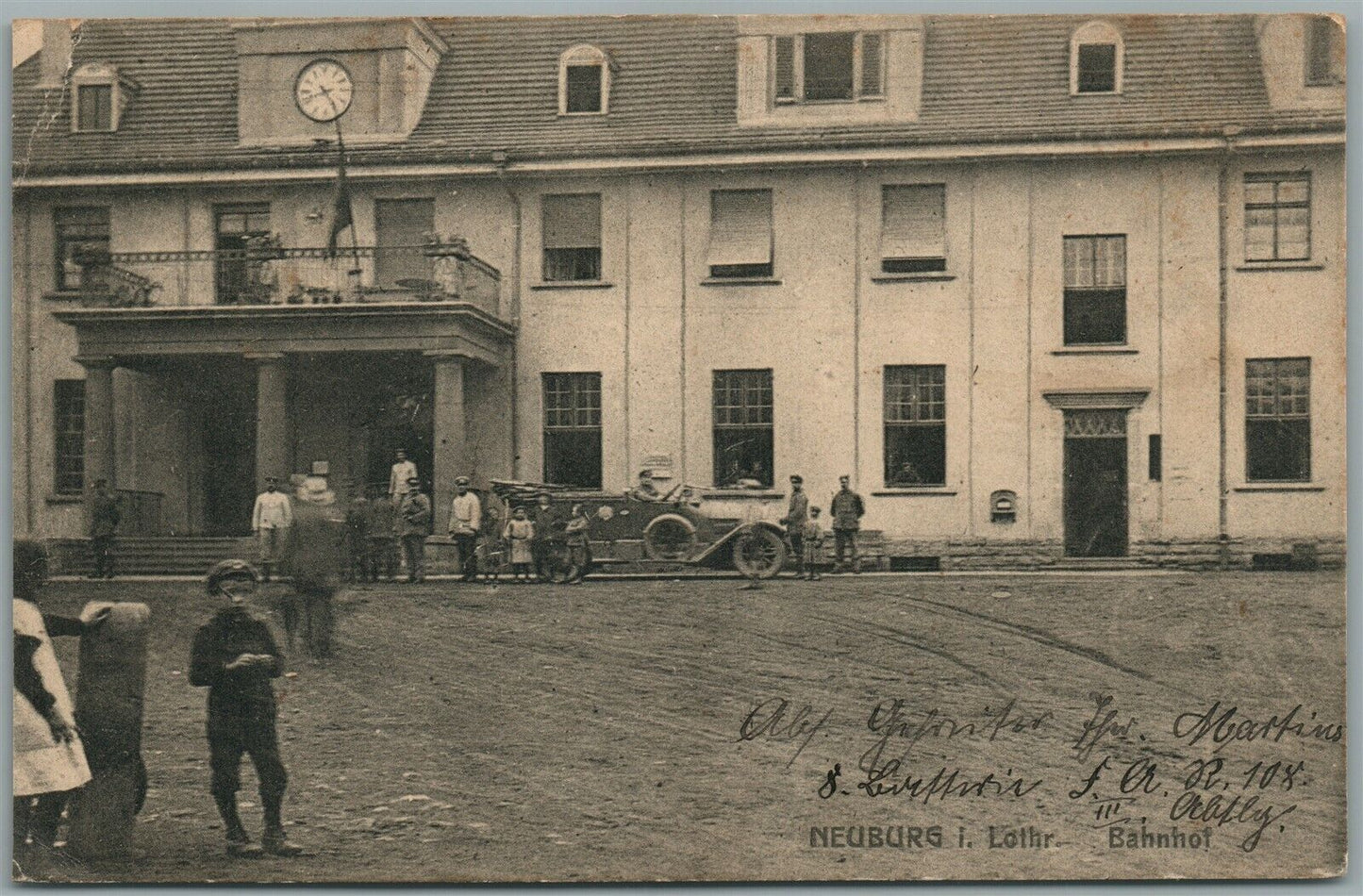 NEUBURG GERMANY RAILWAY STATION ANTIQUE WWI ERA POSTCARD w/ AUTOMOBILE