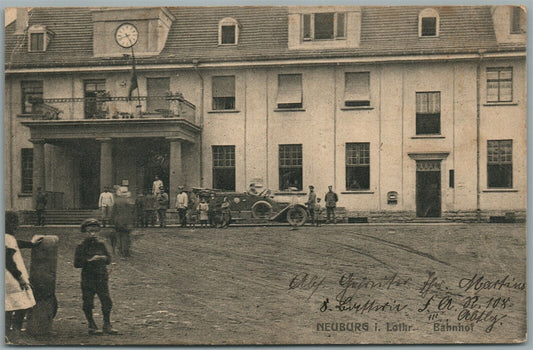 NEUBURG GERMANY RAILWAY STATION ANTIQUE WWI ERA POSTCARD w/ AUTOMOBILE