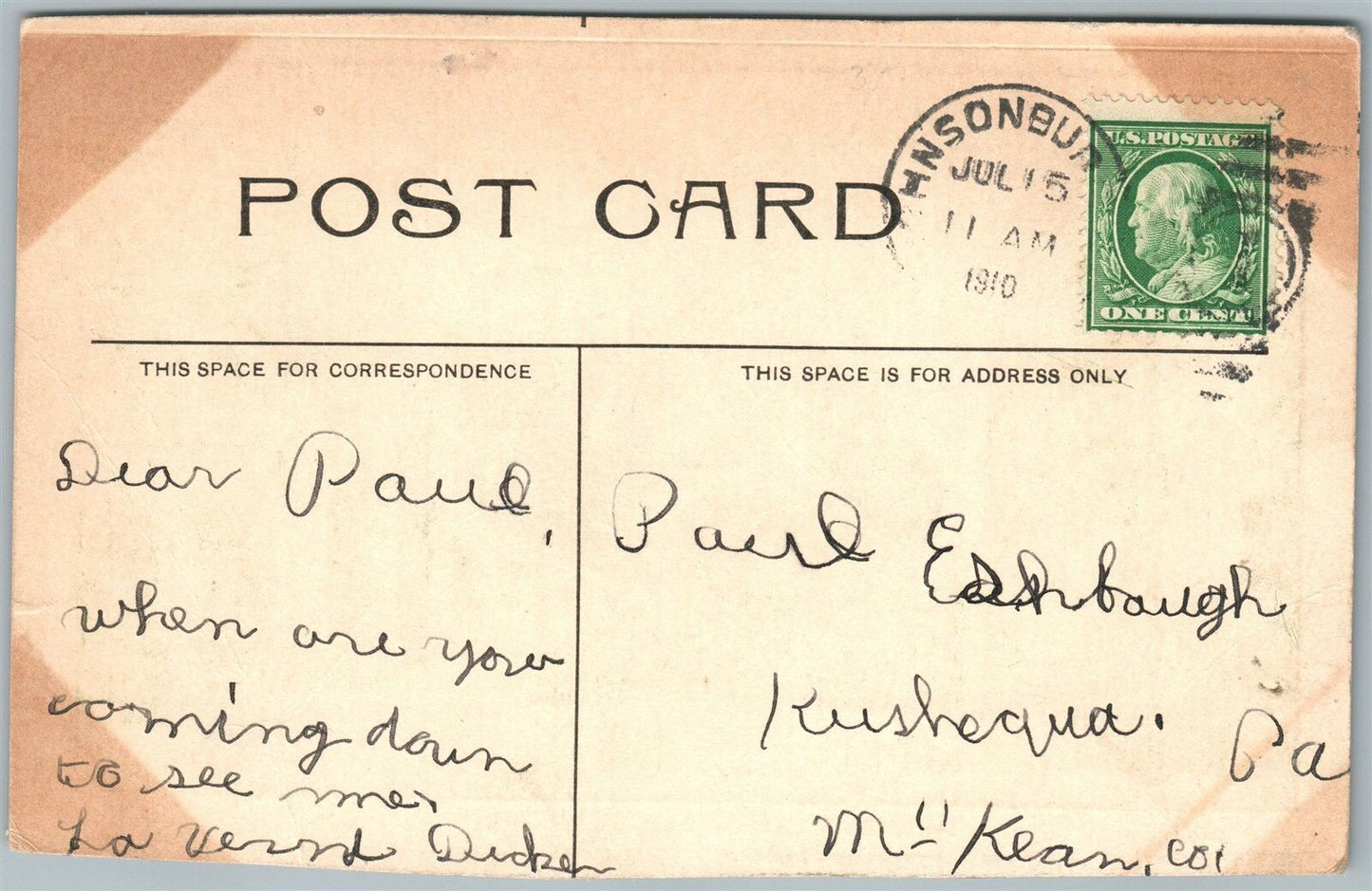 JOHNSONBURG PA MARKET STREET 1910 ANTIQUE POSTCARD w/ CORK CANCEL