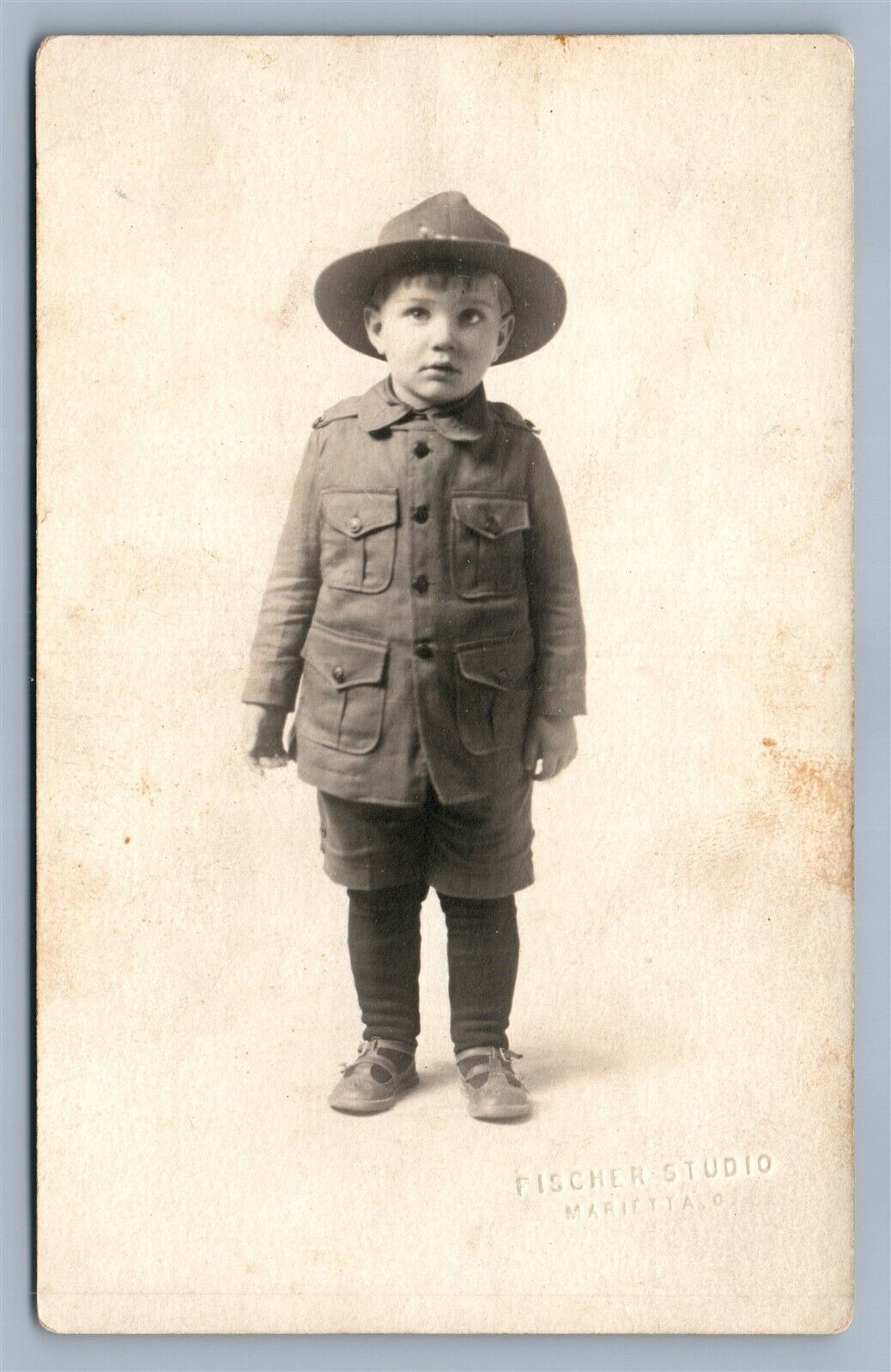 MARIETTA OH SMALL BOY IN WWI MILITARY UNIFORM ANTIQUE REAL PHOTO POSTCARD RPPC