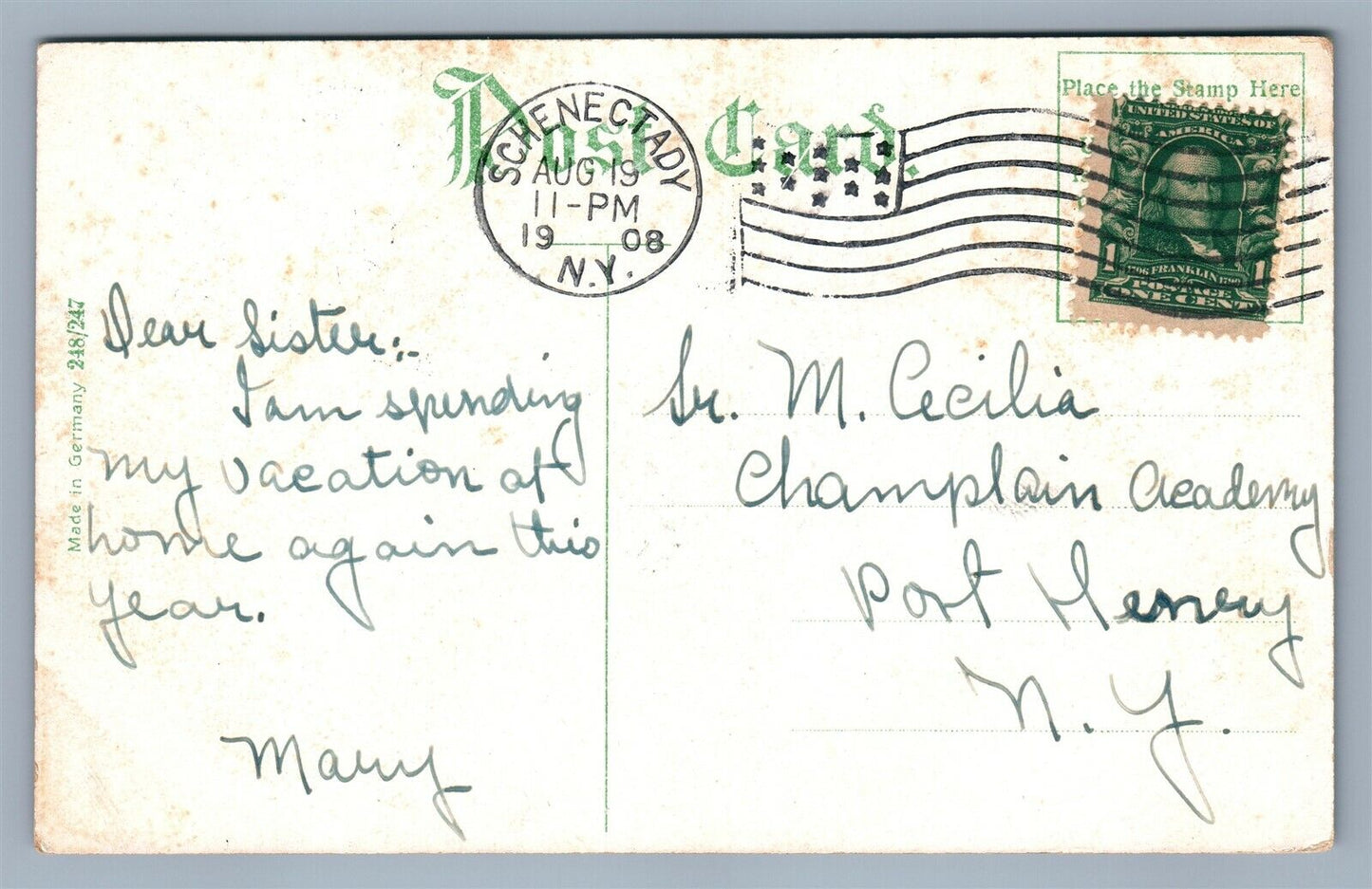 SCHENECTADY NY LENOX ROAD ANTIQUE POSTCARD