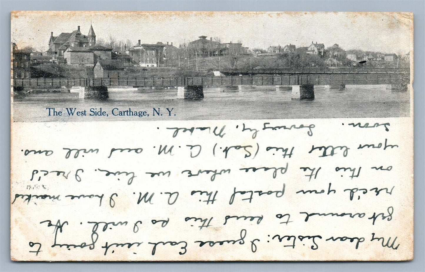 CARTHAGE NY WEST SIDE ANTIQUE POSTCARD w/ CORK CANCEL