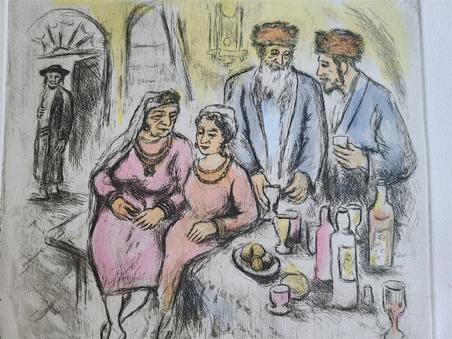 JEWISH WEDDING ORIGINAL HAND COLORED SIGNED ETCHING by IRA MOSKOWITZ Judaica