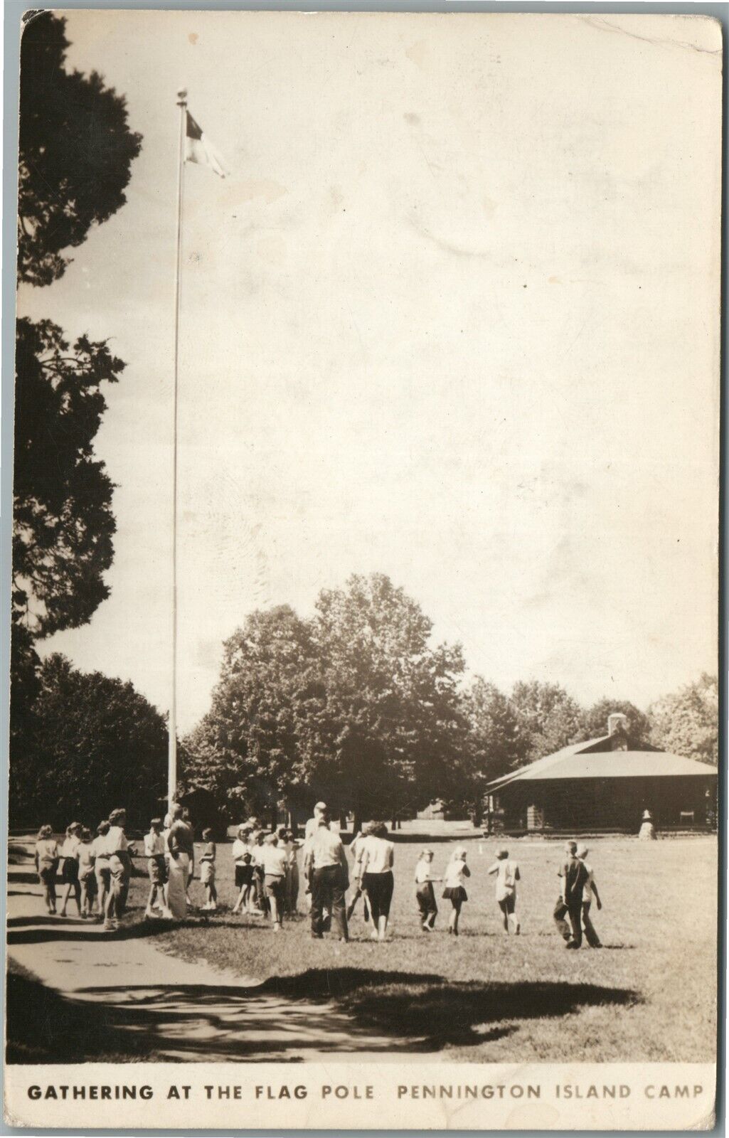 PENNINGTON NJ ISLAND CAMP FLAG POLE VINTAGE REAL PHOTO POSTCARD RPPC