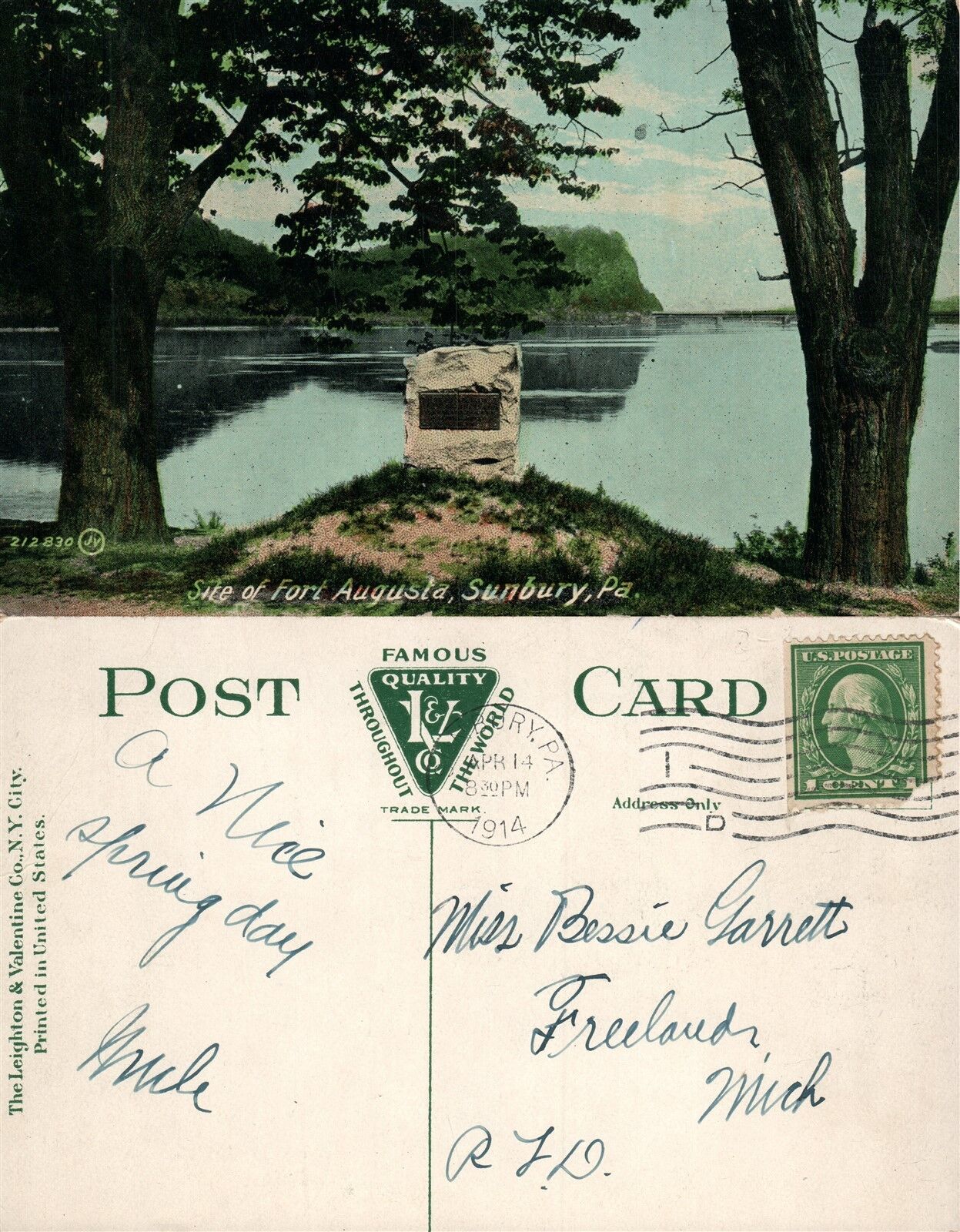SUNBURY PA SITE OF FORT AUGUSTA 1914 ANTIQUE POSTCARD