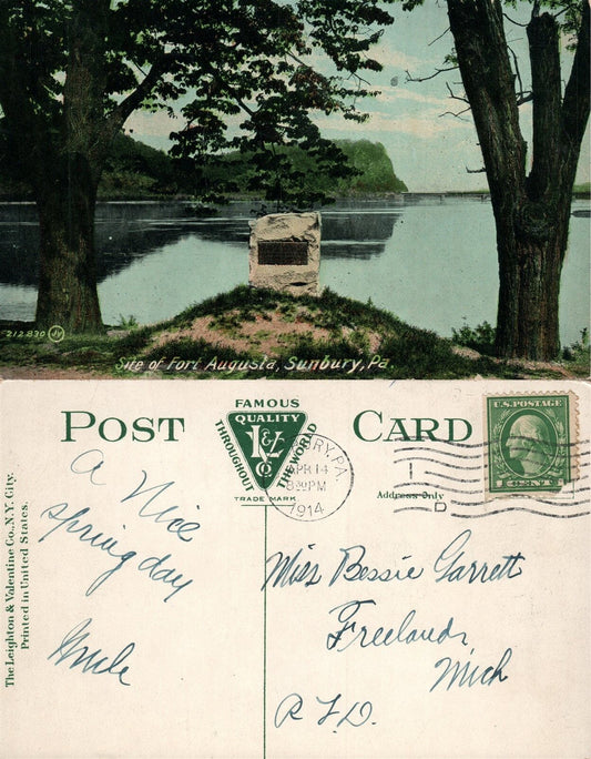 SUNBURY PA SITE OF FORT AUGUSTA 1914 ANTIQUE POSTCARD