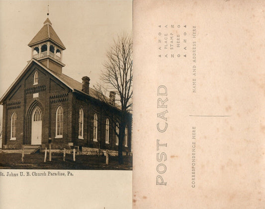 ST. JOHN'S U.B. CHURCH PARADISE PA ANTIQUE RPPC REAL PHOTO POSTCARD