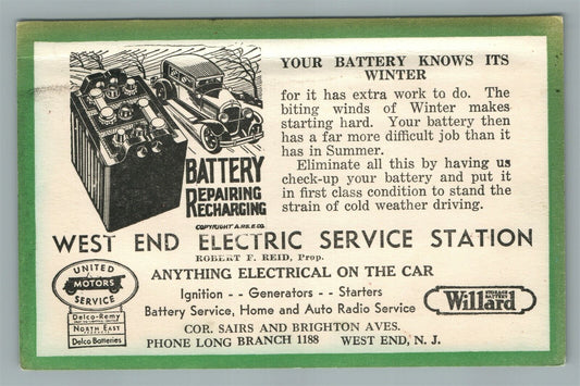 WEST END NJ ELECTRIC SERVICE STATION CAR BATTERIES ADVERTISING ANTIQUE POSTCARD