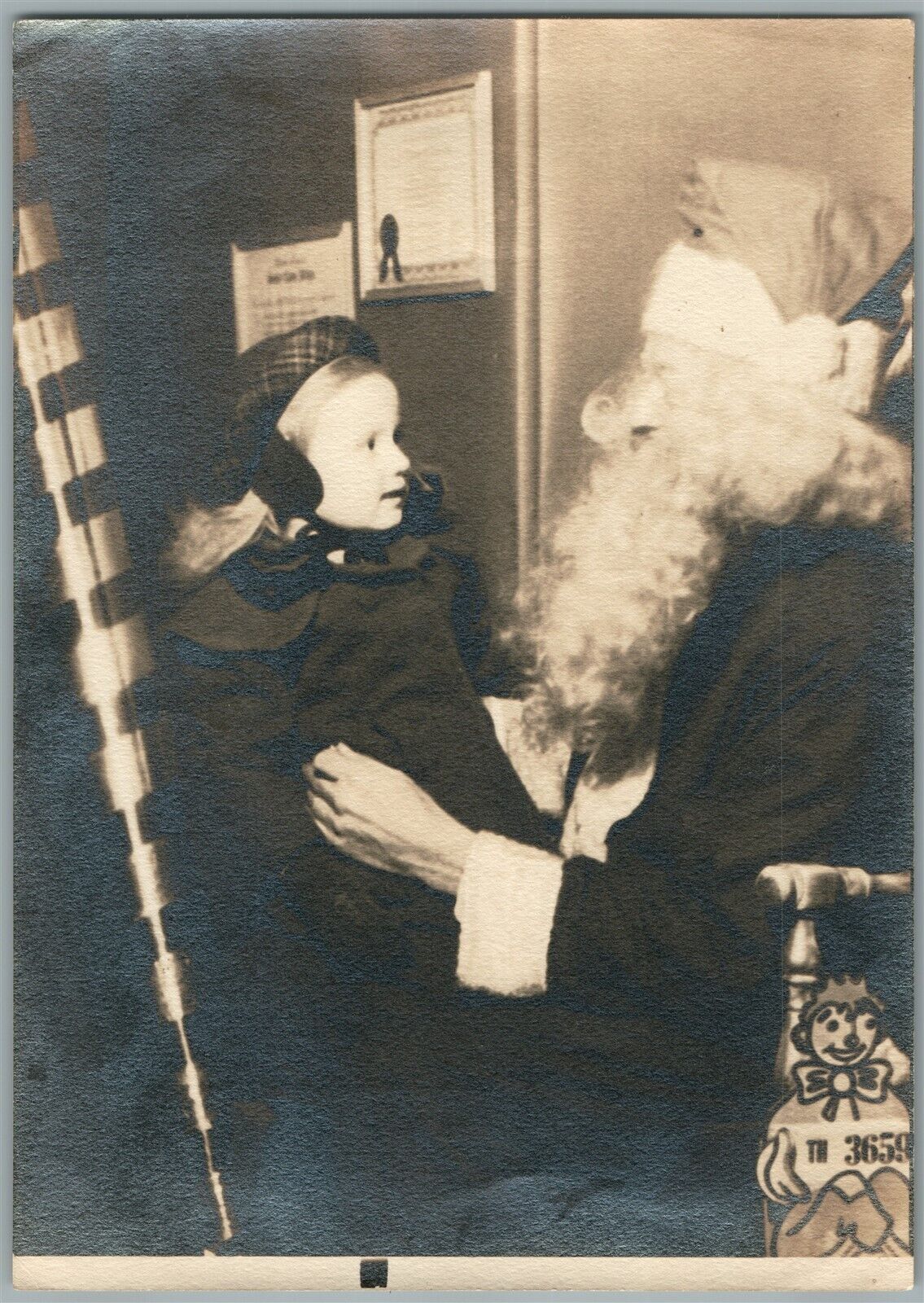 GIRL w/ SANTA ANTIQUE PHOTO 5 by 7"