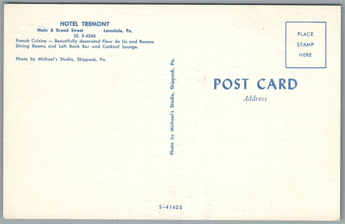 LANSDALE PA HOTEL TREMONT VINTAGE POSTCARD