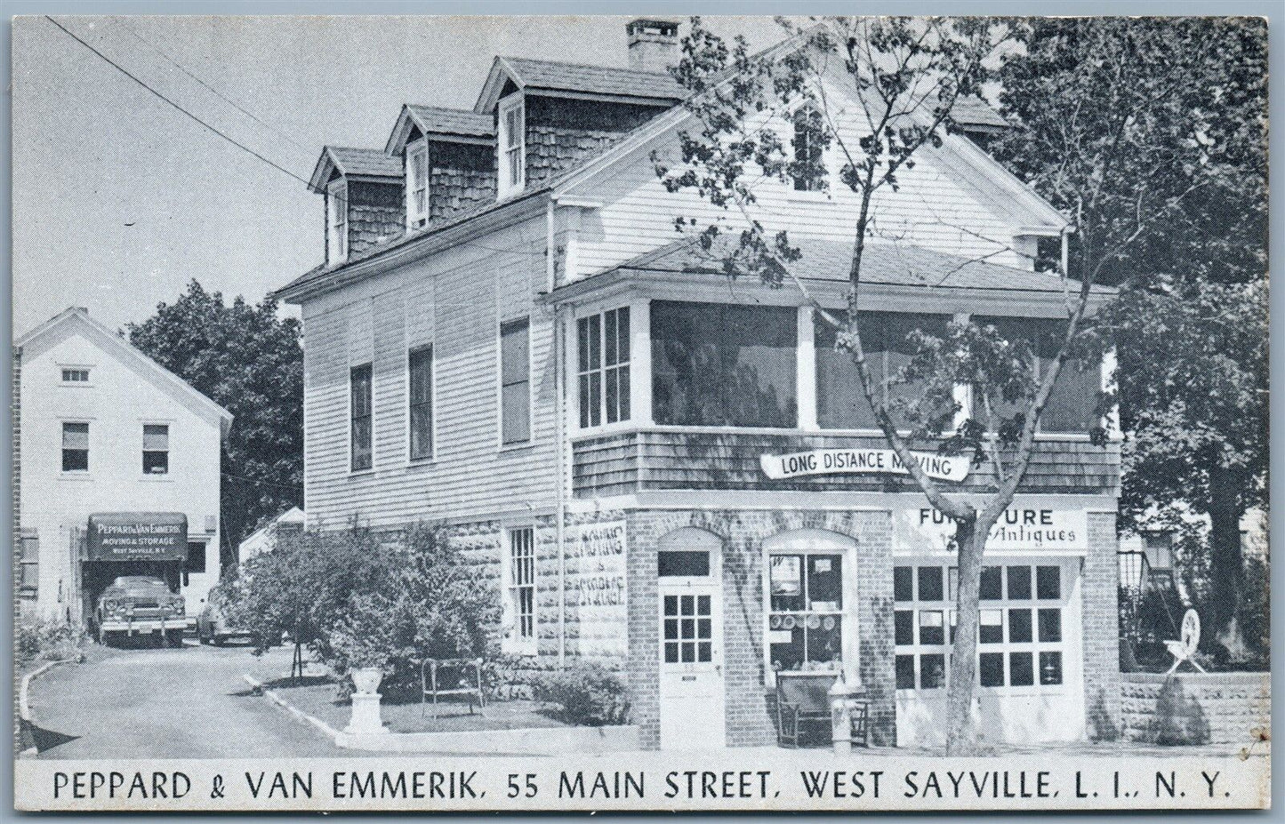 WEST SAYVILLE LONG ISLAND NY ANTIQUES SALE & MOVING ADVERTISING POSTCARD