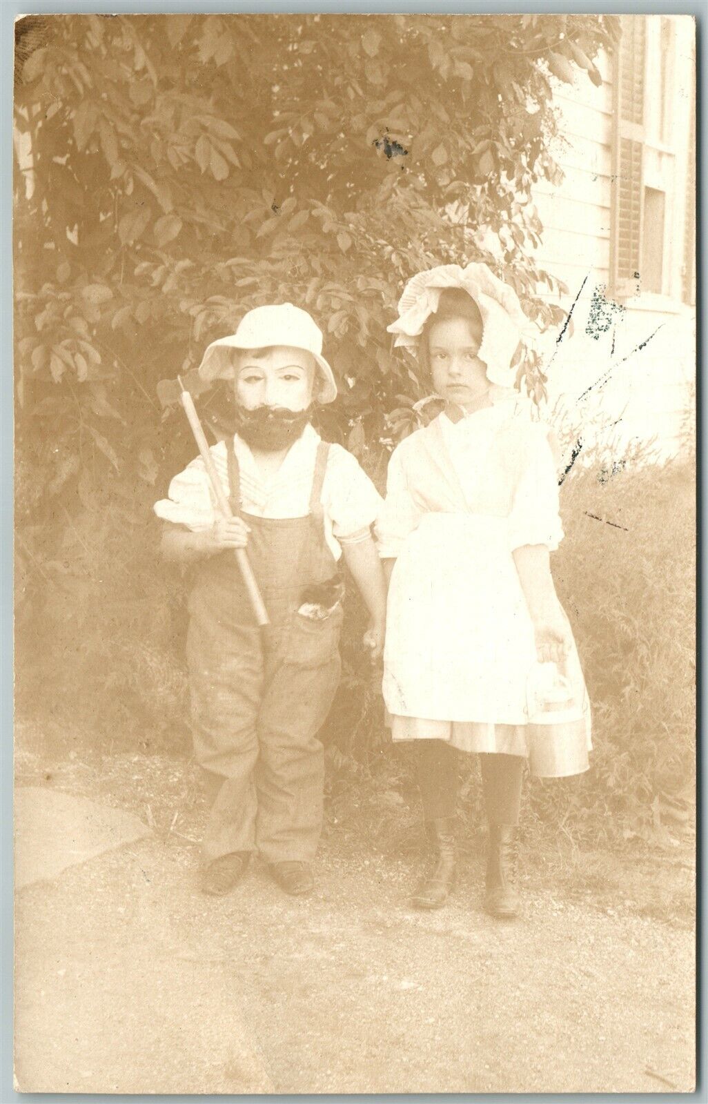 FACE MASK BOY w/ A BEARD & GIRL ANTIQUE RPPC REAL PHOTO POSTCARD