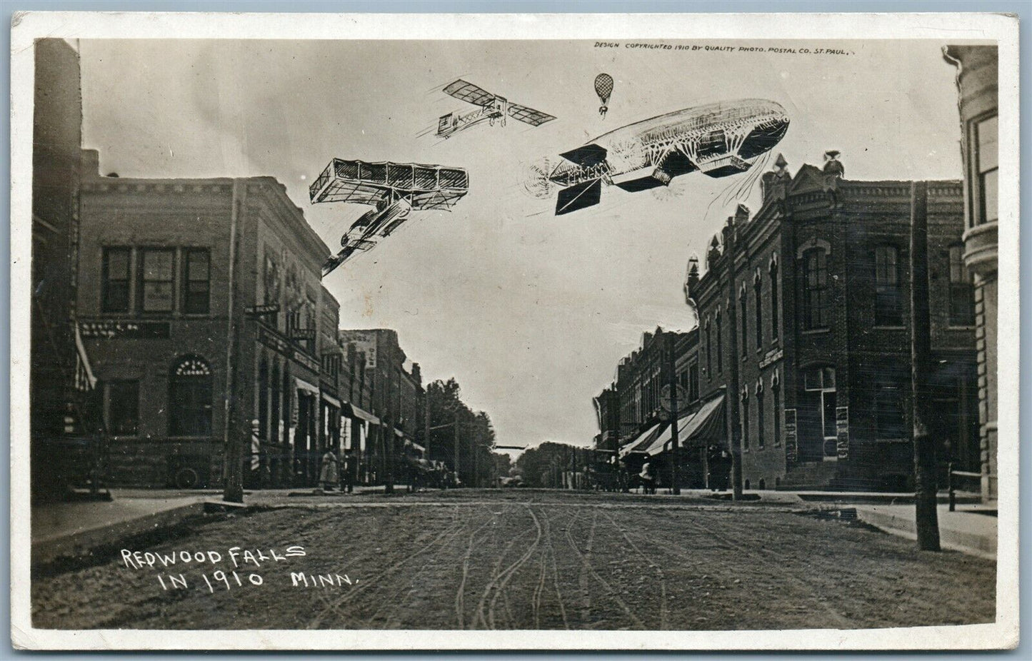 PHOTOMONTAGE ZEPPELINS AIRPLANE REDWOOD FALLS MN 1910 ANTIQUE REAL PHOTO PC RPPC