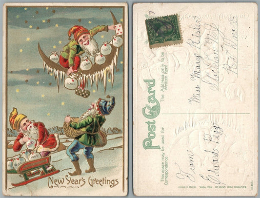 NEW YEAR ANTIQUE POSTCARD DWARFS GNOMES w/ PLAYING CARDS MONEY BAGS on HALF MOON