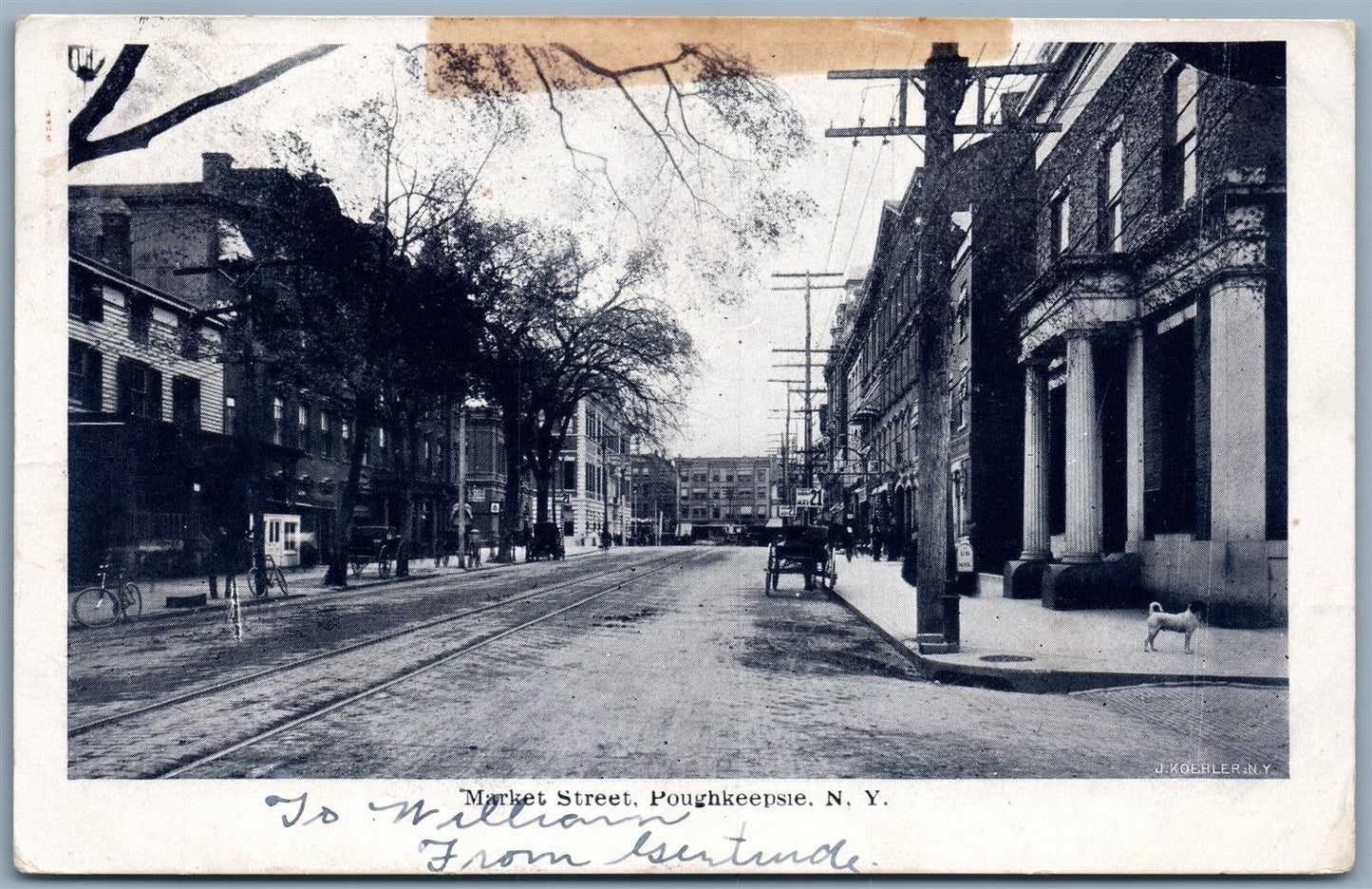 POUGHKEEPSIE NY MARKET STRET UNDIVIDED ANTIQUE POSTCARD w/ CORK CANCEL