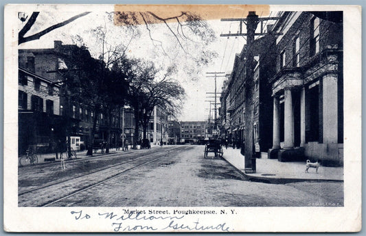 POUGHKEEPSIE NY MARKET STRET UNDIVIDED ANTIQUE POSTCARD w/ CORK CANCEL