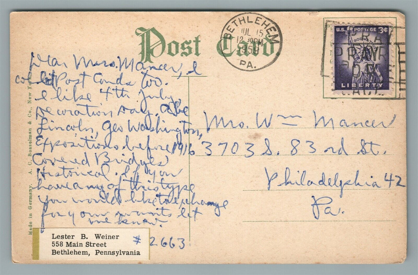 BETHLEHEM PA GERMAN HOUSE ANTIQUE POSTCARD