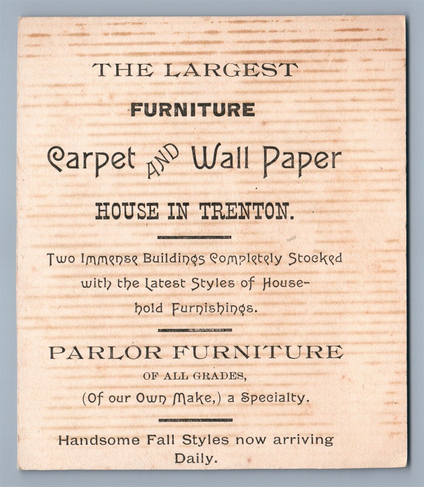 TRENTON NJ VICTORIAN TRADE CARD FURNITURE CARPET & WALLPAPER HOUSE