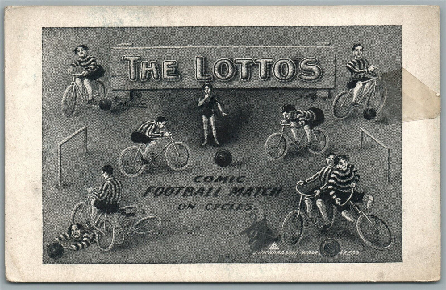 BICYCLE CIRCUS THE LOTTOS COMIC FOOTBALL MATCH ON CYCLES ANTIQUE POSTCARD