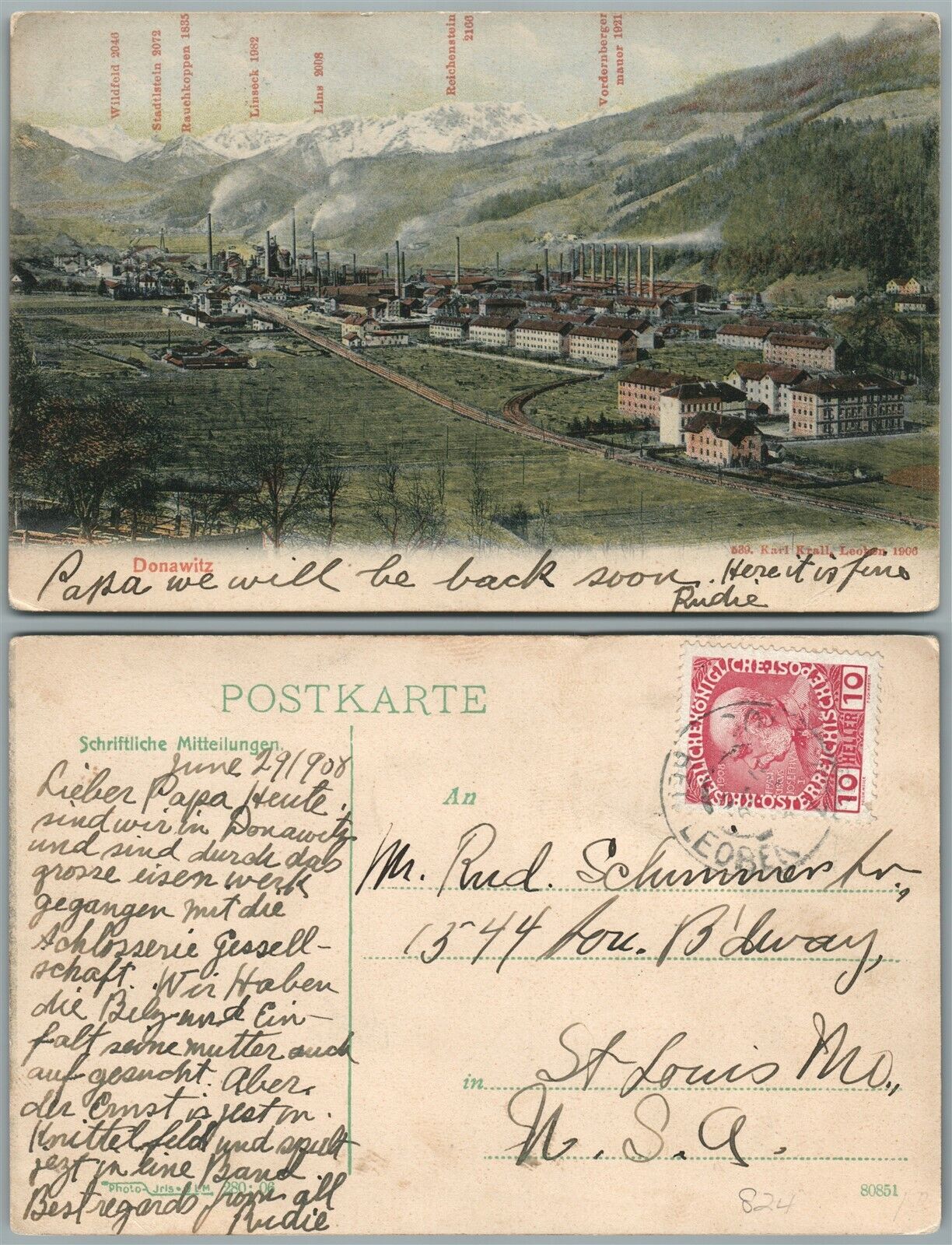 DONAWITZ AUSTRIA 1908 ANTIQUE POSTCARD w/ STAMP