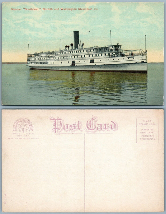 STEAMER SOUTHLAND NORFOLK & WASHINGTON STEAMBOAT CO. ANTIQUE POSTCARD