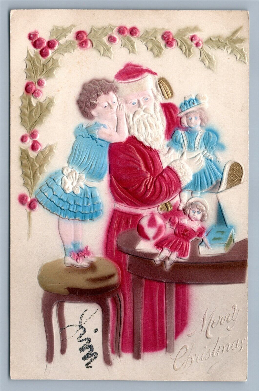 SANTA w/ DOLLS CHRISTMAS ANTIQUE EMBOSSED POSTCARD