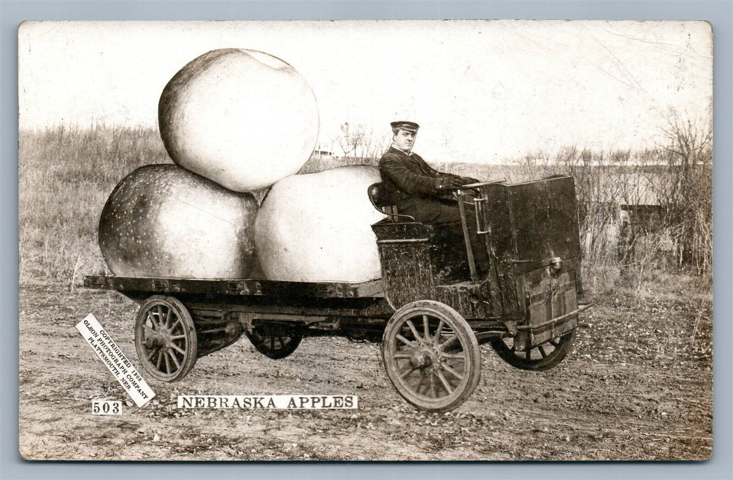 EXAGGERATED NEBRASKA APPLES on TRUCK ANTIQUE REAL PHOTO POSTCARD RPPC COLLAGE