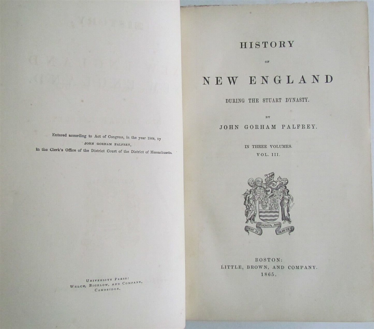 1865 HISTORY OF NEW ENGLAND by J. PALFREY Vol. III antique