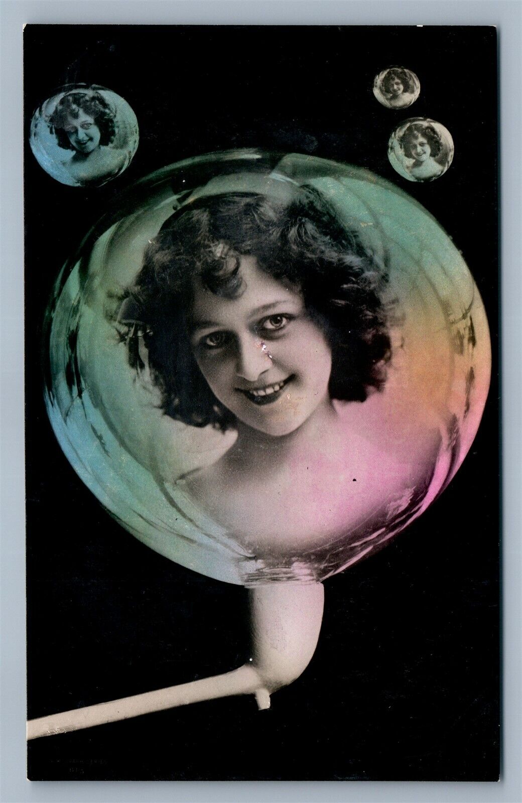 SOAP BUBBLE FANTASY DREAM GIRL COLLAGE ANTIQUE REAL PHOTO POSTCARD RPPC